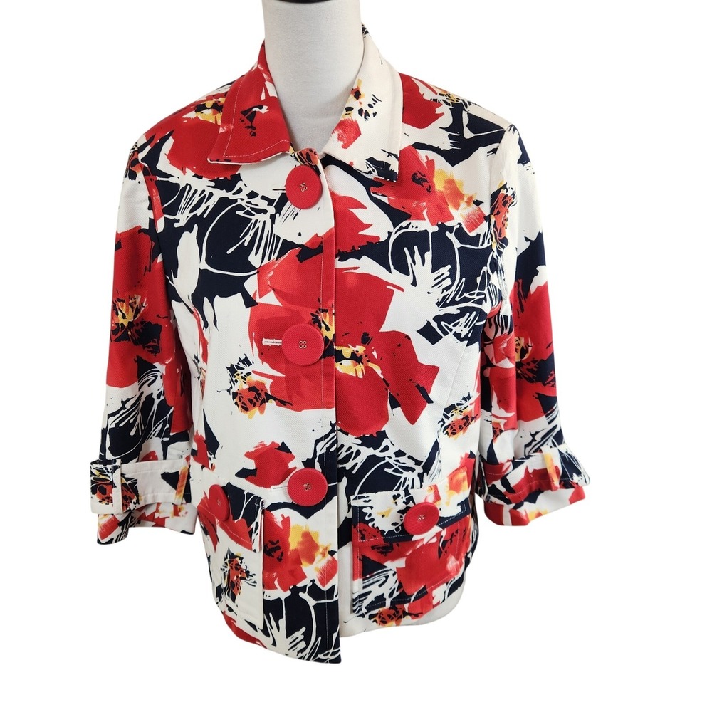 Coldwater Creek Womens Floral Blazer Buttlon Jacket Red Navy White Size 10